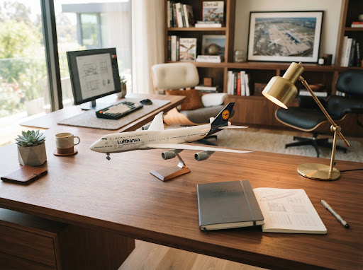 Scale model airliner on walnut executive desk