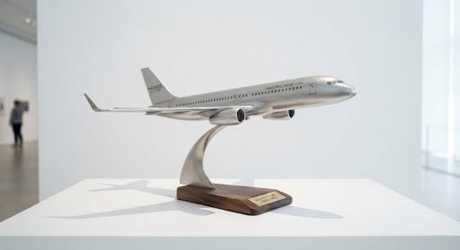 An executive museum study scale model of an executive aerodynamic passenger jet in minimalist silver metallic livery, poised on a sculptural sweeping steel stand with an oil-rubbed solid walnut base. Pure white museum exhibition gallery background with sharp shadows highlighting aerodynamic wings and meticulous fuselage details.